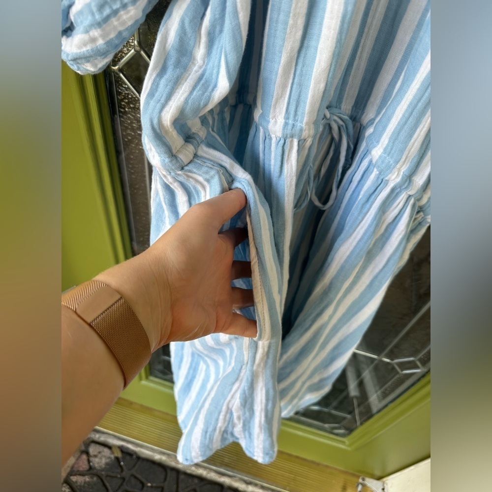 Old Navy Women’s Large 100% Cotton Blue White Stripe Balloon Drawstring Dress - Picture 5 of 8